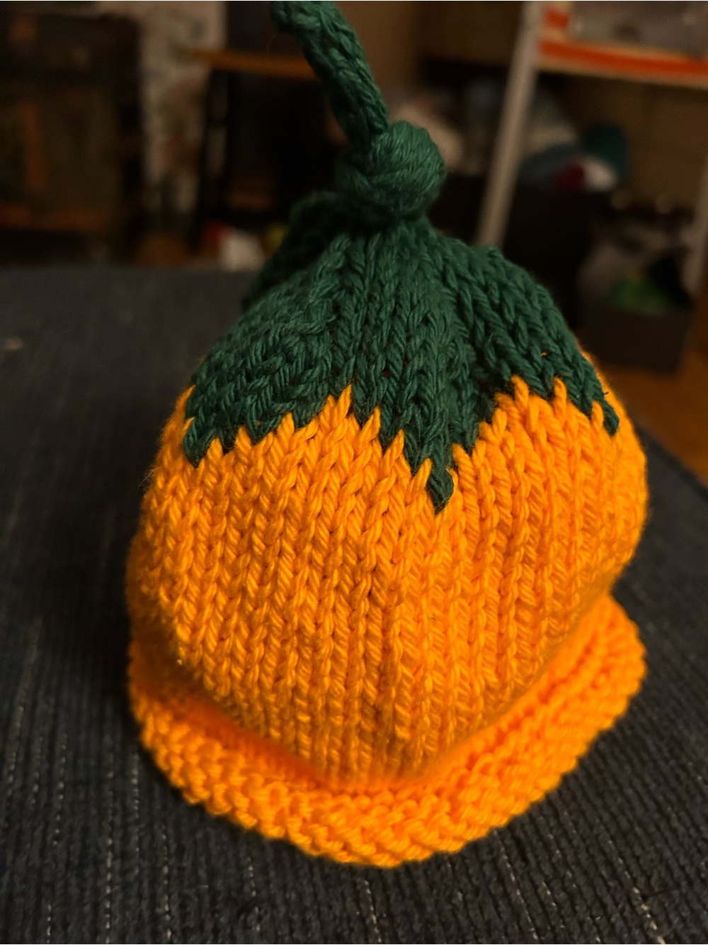 Hand-Knit baby, toddler, or kids  Pumpkin Beanie - Orange & Green 100% cotton